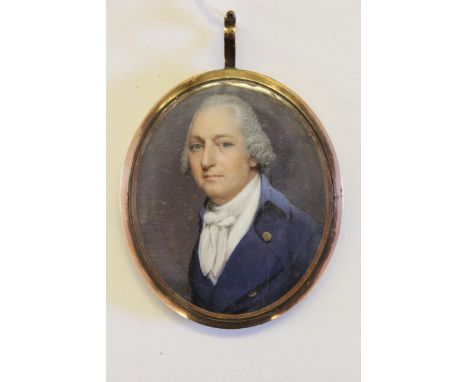 Circle of Thomas Hazlehurst, watercolour portrait miniature of a man wearing a blue coat with gold buttons and white stock, 6