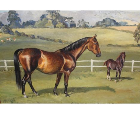 David Waller signed oil on canvas, portrait fo two horses in a paddock, 15.5ins x 19.5ins 