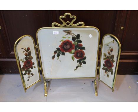Victorian and brass floral painted mirror inset triple folding firescreen 