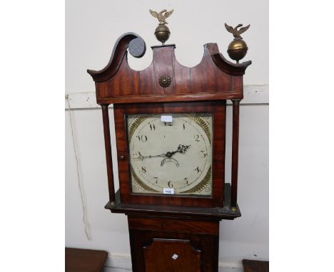 19th Century oak longcase clock, with square painted dial, having Arabic numerals and date aperture window, including pendulu