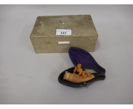 Art Deco shagreen cigarette box, 6.5ins wide together with a carved Meerschaum pipe, in original case 