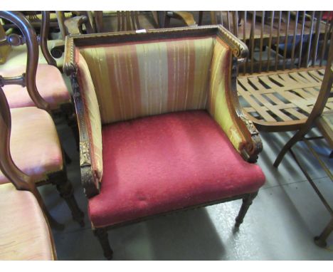 Early 20th Century mahogany square tub form drawing room chair, the carved frame with gadroon and acanthus carvings raised on