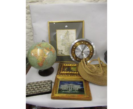 Columbus terrestrial globe on stand, Quartz wall clock, glass picture of The White House and sundries 