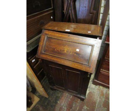 Small Edwardian mahogany bureau, reproduction carved mahogany picture easel and a Victorian stained beechwood torchere 