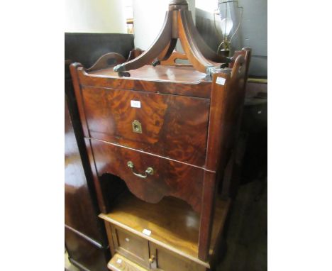 19th Century mahogany tray top commode, having shaped galleried top, above a lifting slide flush panelled front and pull out 