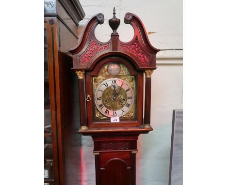 Good quality mahogany grandmother clock, the broken arch hood with swan neck pediments and flanking Corinthian pilasters, abo