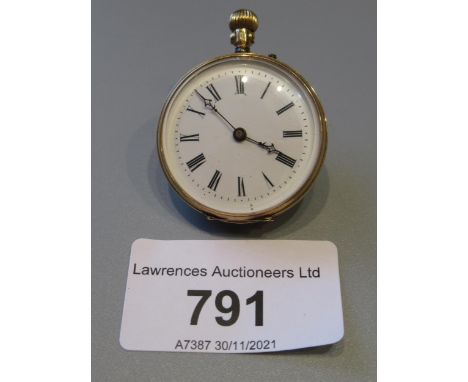 Continental 14ct gold key wind fob watch, the enamel dial with Roman numerals, (minus loop) 