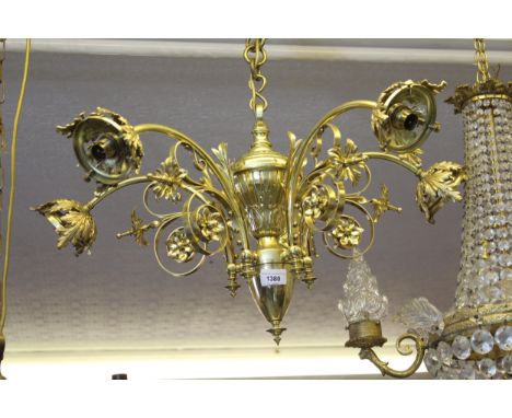 Good quality early 20th Century gilt brass five light electrolier by Hinks, the acanthus and scroll arms issuing from a balus