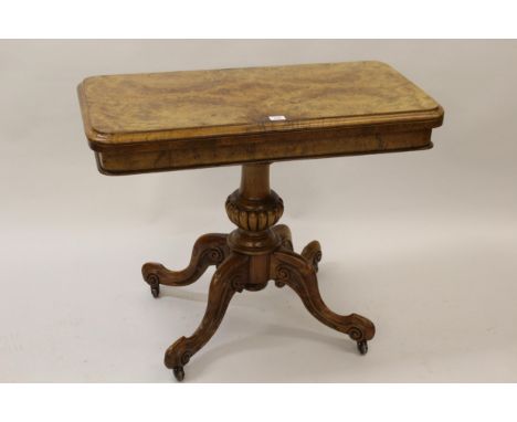 19th Century burr walnut rectangular card table having fold-over top with green baize lined interior on a central baluster tu