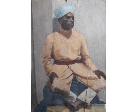 Early 20th Century oil on ply, portrait of a seated Indian gentleman wearing a blue turban, 20ins x 16ins approximately, unfr