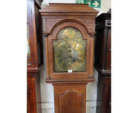 George III oak longcase clock, the pagoda hood, with a broken arch door, above a moulded panel door and reduced conforming pl