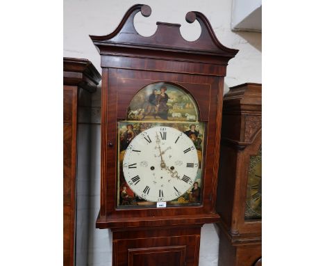 19th Century mahogany and line inlaid longcase clock, the broken arch hood above a panel door and conforming plinth base, the