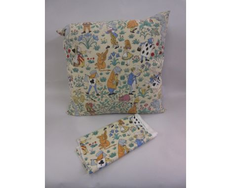 Voysey ' Alice in Wonderland ' cushion, 22ins square and a matching blind, 6ft x 41ins and a fabric remnant Conran Habitat 19