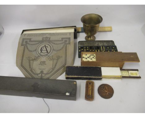 19th Century wooden puzzle vesta case, together with a brass goblet, set of cardboard scales, a French copper medallion, a sl