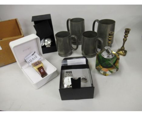 Four 20th Century Chinese pewter tankards engraved with figures of dragons, Murano glass table light, three modern boxed watc