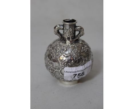 Wang Hing, miniature Chinese silver two handled vase with relief floral decoration, 3ins high, 67gOverall in good condition, 
