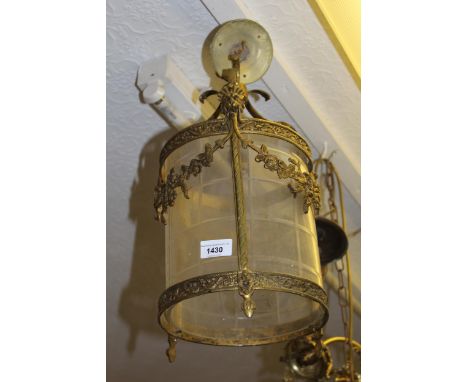 Mid 20th Century gilt brass circular lantern form light fitting with glass shade, 16ins high overall approximately 