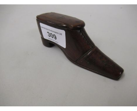 19th Century treenware snuff box in the form of a shoe with typical nailed decoration 