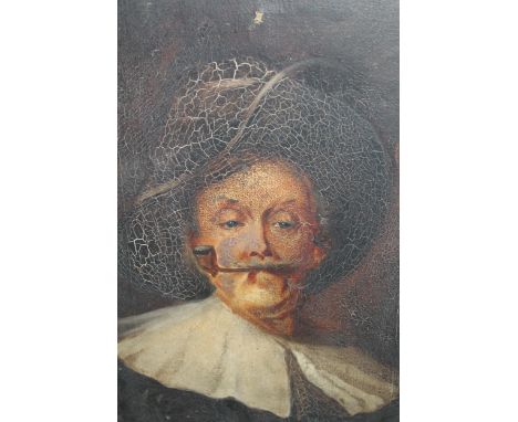 Oil on canvas, portrait of a 17th Century gentleman smoking a pipe, 18ins x 12ins, unframed together with another, portrait o