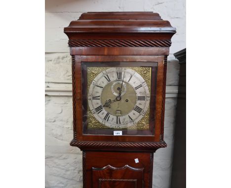 19th Century mahogany longcase clock, the square hood, shaped panel door, trunk and plinth decorated with rope mouldings, squ