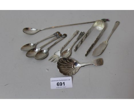 William IV silver caddy spoon by William Chawner, London 1833, four various silver condiment spoons, pickle fork, butter knif