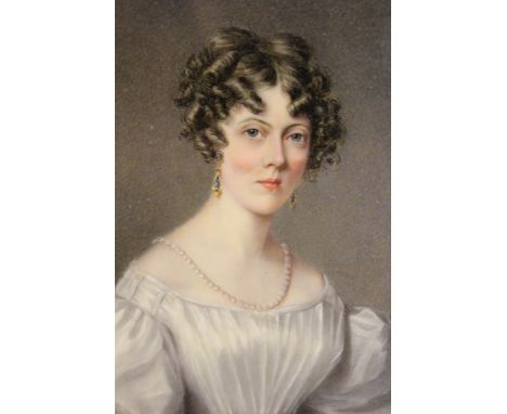 Attributed to Maria Chalon, 19th Century miniature watercolour portrait of a lady wearing white dress with puff sleeves and a