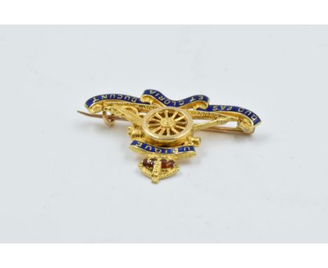 15ct Yellow gold enamel decorated Royal Engineer's brooch5.9g 