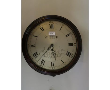 Circular mahogany wall clock with a moulded case, enclosing a circular silvered brass dial with Arabic and Roman numerals, si