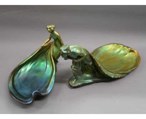 Zsolnay green lustre glazed figural trinket dish in the form of a fisherman hauling a net, 16ins wide approximately, impresse