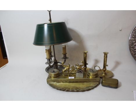 Brass two bottle ink stand, a pewter three light table lamp, travelling inkwell etc. 
