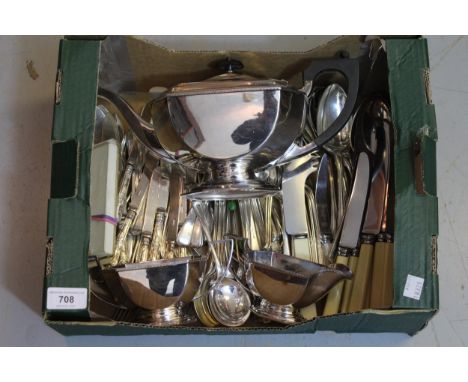 Three piece silver plated tea service together with a canteen of plated cutlery and other cutlery 