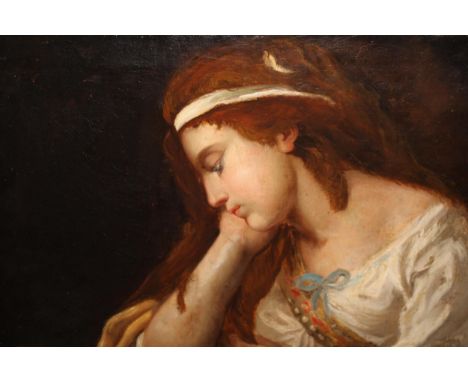 Pre-Raphaelite school, 19th Century oil on canvas, portrait of a girl with red hair wearing a white headband and gown, 19ins 