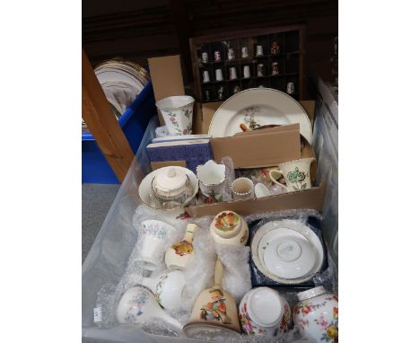 Box containing a collection of various ceramics including Wedgwood, Ainsley, Goebel, Royal Worcester etc and thimbles 