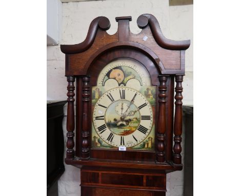 19th Century Welsh oak mahogany crossbanded longcase clock, the arched hood with swan neck pediment above a rectangular panel