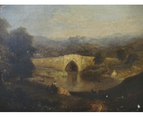 19th Century oil on canvas, landscape with figures and bridge, 14ins x 17ins, together with a 19th Century oil on canvas figu