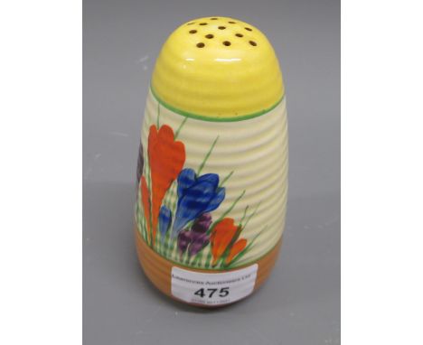 Clarice Cliff sugar caster of oviform ribbed design painted in the Crocus pattern, 5ins highSome crazing, otherwise in good c