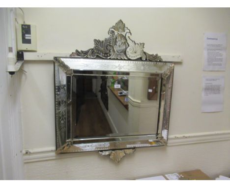 Small Venetian etched glass cushion mirror with a shaped floral surmount and pediment, 38ins x 32ins overall 