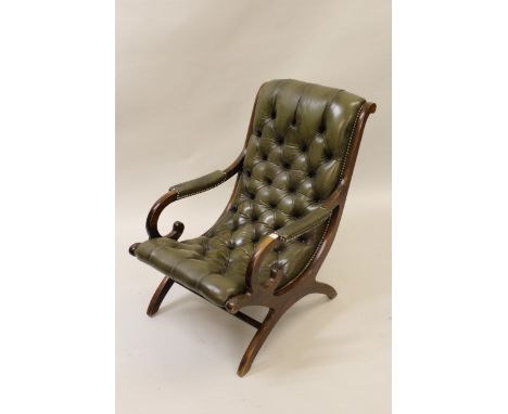 Green button leather upholstered open armchairGood condition, no damage to leather, mahogany could do with a bit of colour an