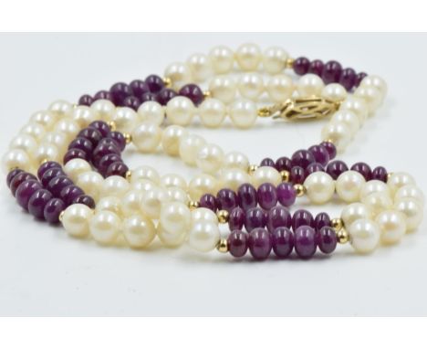 Cultured pearl, purple gemstone and 9ct gold mounted necklace 