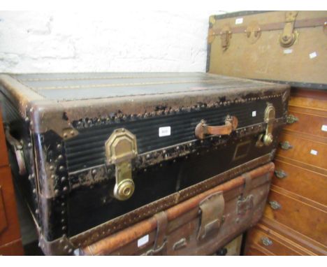 Early 20th Century two drawer wardrobe trunk by Innovation, 39.5ins wide together with a large wicker laundry basket and a ca