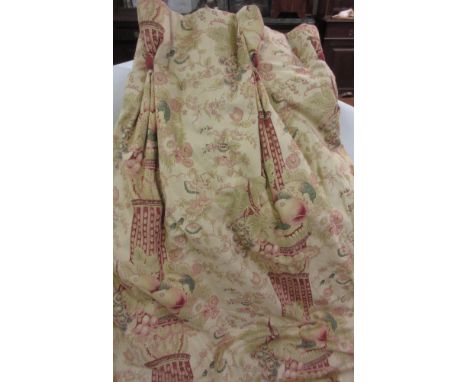 Pair of country house curtains, approximately 7ft x 4ft and a large cushion, 20ins x 20ins 
