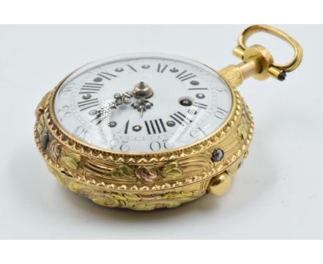 18th Century French three colour gold cased verge watch signed Delouz, Paris, the enamel dial with Arabic and Roman numerals 