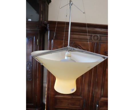 Italian Lumina aluminium and glass ceiling light fitting with rise and fall function, 25ins x 21ins approximately 