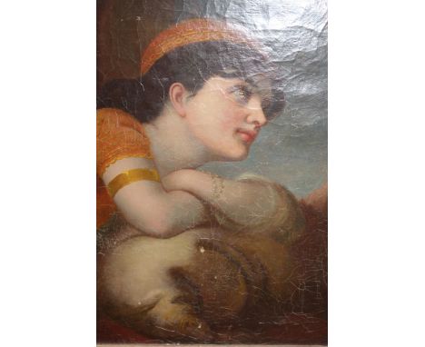 19th Century oil on canvas, portrait of a North African girl wearing a red cap and tunic, pearl bracelet and gold bangle and 