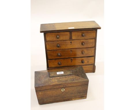 19th Century rosewood tea caddy, together with a miniature 19th Century mahogany chest of two short and three long drawers 