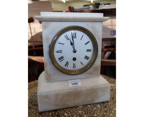 Late Victorian white marble mantel clock, the enamel dial with Roman numerals, with a single train French movement 