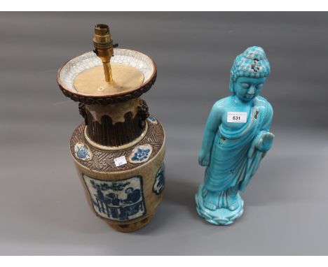 19th Century Chinese blue and white crackleware vase, adapted for use as a table lamp, on a hardwood base, 17.5ins high, excl
