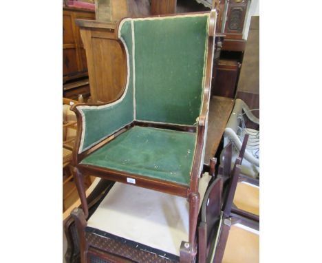 Edwardian mahogany and line inlaid drawing room armchair on cabriole supports, together with a Victorian walnut and button up