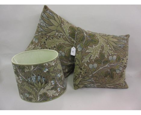Two William Morris artichoke pattern cushions, matching lampshade and a John Lewis Liberty Caesar lampshade and matching cush