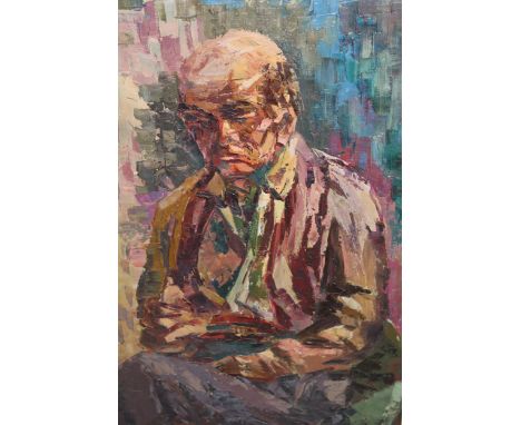 Stan Sobessek, impressionist style oil on canvas, portrait of a seated elderly gentleman reading a book, signed and inscribed